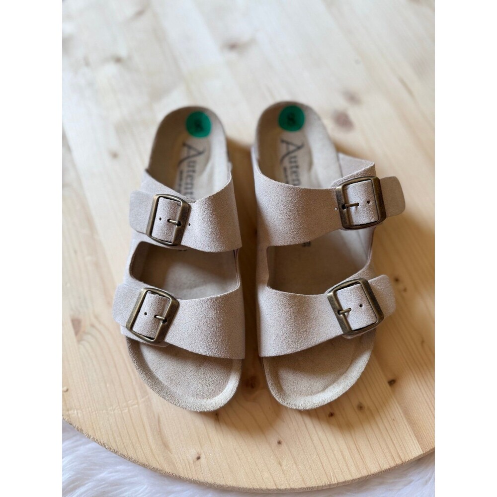 Neutral Beige Suede Double-Buckle Sandals - Women